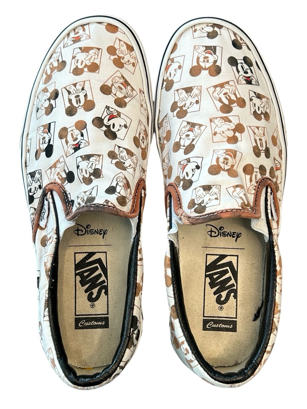 Vans x Disney Customs Mickey Mouse Classic Slip-On Skate Shoes Tan White sz 8.5